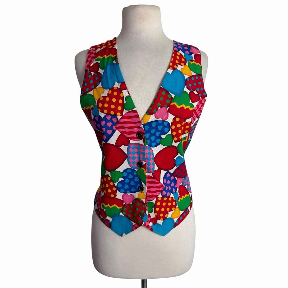 VTG 90s Heart Print Party Vest Maximalist Retro Valentine Waistcoat M/L